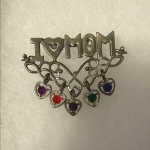 Silver 'I Love Mom' Brooch with Heart Charms